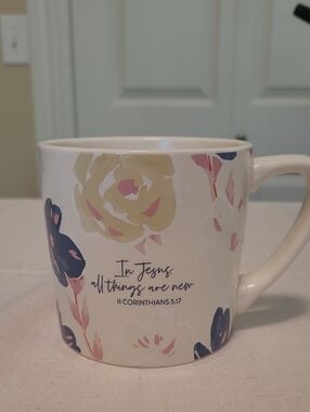 DaySpring Floral Scripture Ceramic Mug - Cream with Pink & Navy Accents
